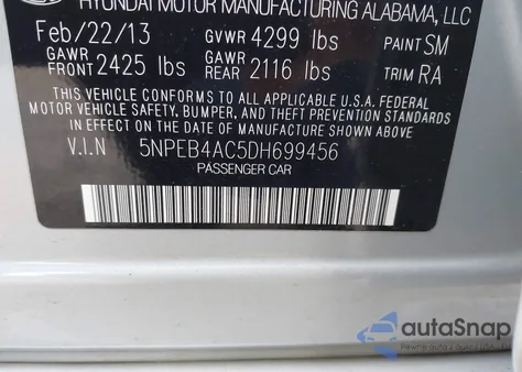 2013 Hyundai Sonata Gls из США, поврежденный, VIN 5NPEB4AC5DH699456